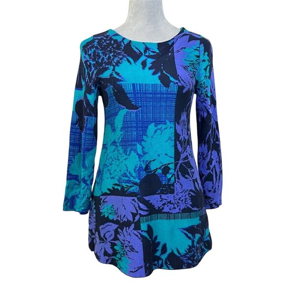 Chico's Women's Floral Jacquard Pullover Sweater S Blue Fall Winter Cottagecore - Picture 1 of 9